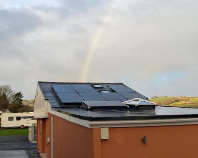 Solar panels on roof. Solar PV Installation at South Wales Touring Park in Llangennech, Llanelli , S